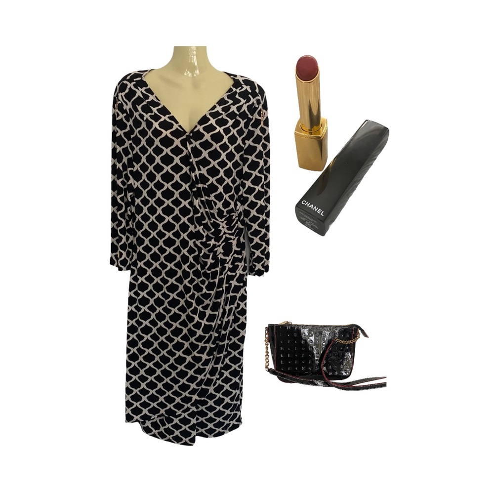 Frank Lyman Black & White Cocktail Wrap Dress Gold Detail Size 14